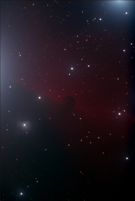 A dark nebula in the constellation Orion.  IC 434 bears resemblance to a horse's head from the shape of its cloud of dark dust and gases.   Taken 2014-01-11 with T5, a Takahashi Epsilon 250 and a SBIG ST-10XME CCD, located at the New Mexico Skies Observatories in Mayhill, New Mexico.