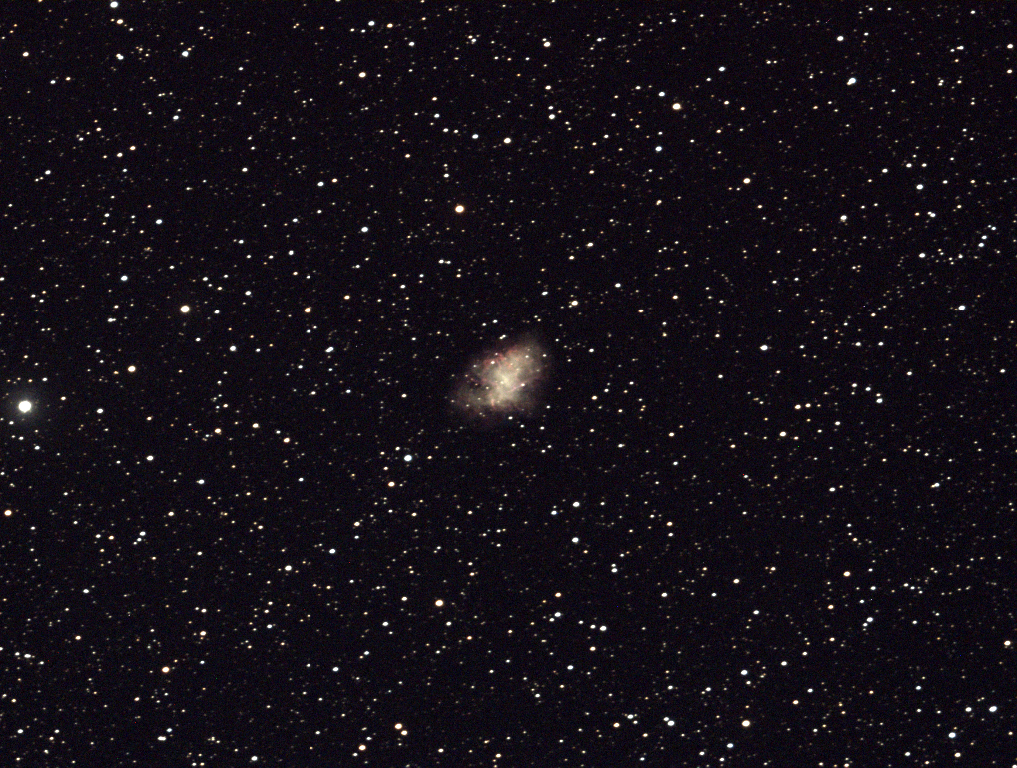 The Crab Nebula is a supernova remnant and pulsar wind nebula in the constellation of Taurus.  Taken 2014-01-17 with T3, a Takahashi TOA-150 with SBIG ST-8300C One Shot Color CCD.  This telescope is located at the New Mexico Skies Observatories in Mayhill, New Mexico.
